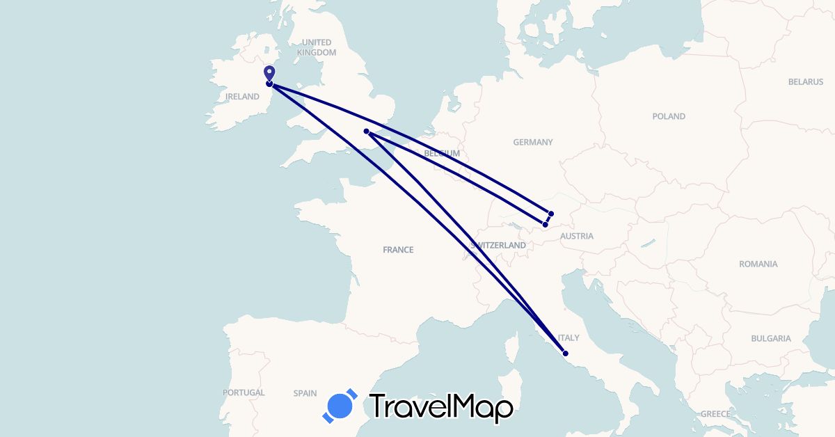 TravelMap itinerary: driving in Germany, United Kingdom, Ireland, Italy (Europe)